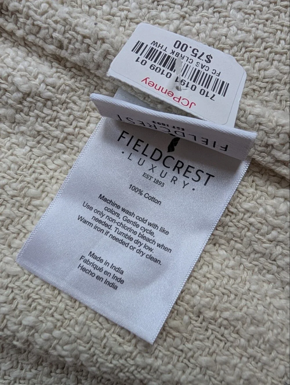 NWT Fieldcrest Cotton Throw Blanket With Tassels Cream Gray Geometric Design